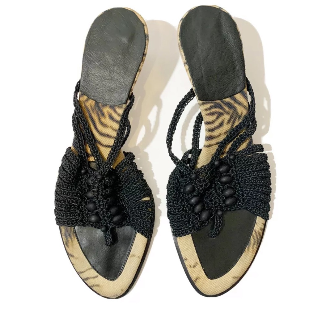 Goffredo Fantini Black Woven Beaded Leather Open Toe Sandal Heels Size 10/40